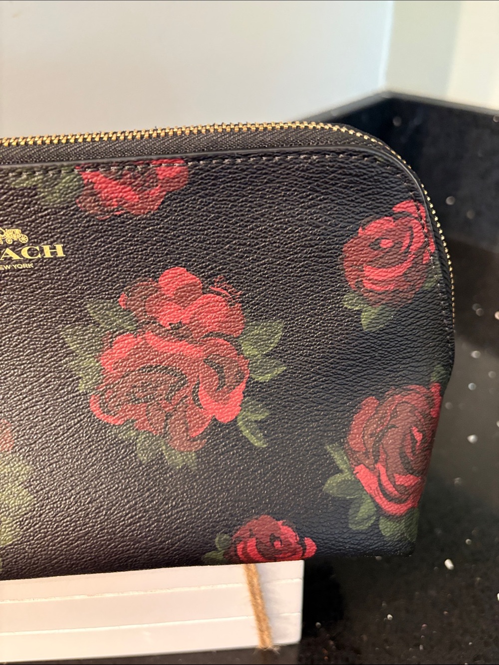 *COACH Black Rose Print Zip Cosmetic Ditty Pouch Bag Clutch Shabby Chic Goth - Picture 6 of 16